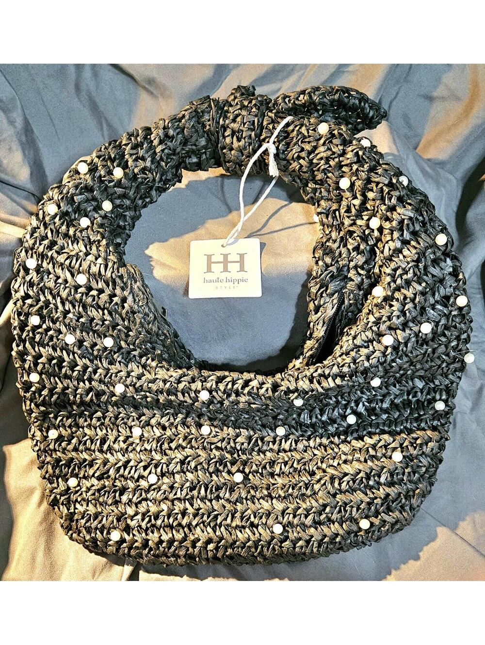 HAUTE HIPPIE Beaded HOBO BAG Black w/ Faux Pearl Accents Handbag Purse NWT